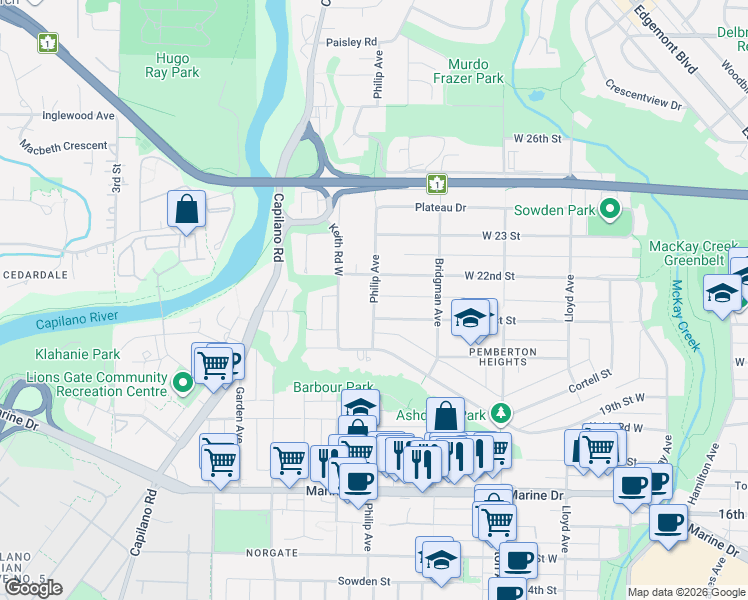 map of restaurants, bars, coffee shops, grocery stores, and more near 2111 Philip Ave in North Vancouver