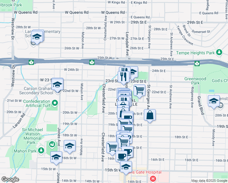 map of restaurants, bars, coffee shops, grocery stores, and more near 127 22nd Street West in North Vancouver