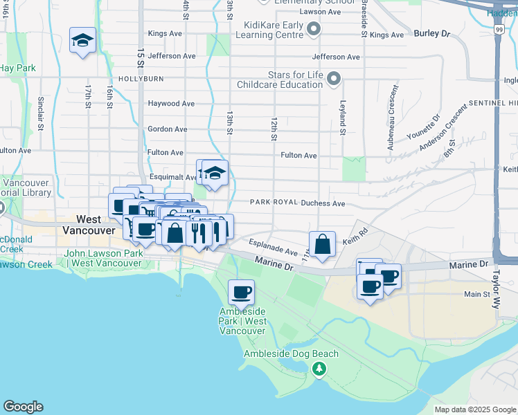 map of restaurants, bars, coffee shops, grocery stores, and more near 1236 Duchess Avenue in West Vancouver