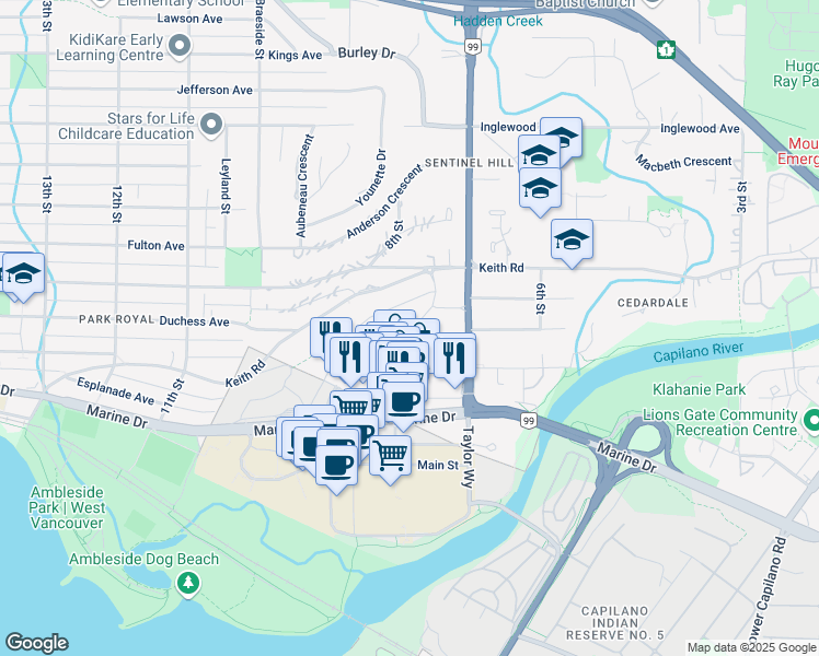 map of restaurants, bars, coffee shops, grocery stores, and more near 796 Arthur Erickson Place in West Vancouver