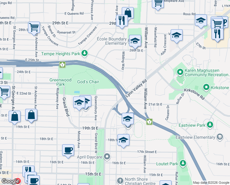 map of restaurants, bars, coffee shops, grocery stores, and more near 647 East 22nd Street in North Vancouver
