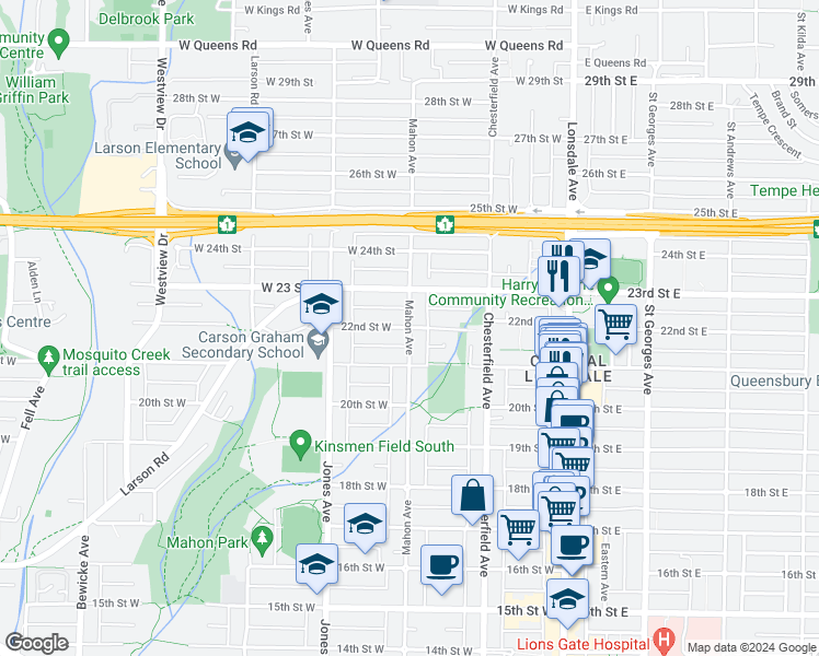 map of restaurants, bars, coffee shops, grocery stores, and more near 301 22nd Street West in North Vancouver