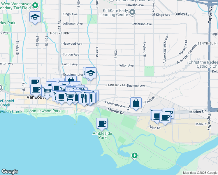 map of restaurants, bars, coffee shops, grocery stores, and more near 1236 Duchess Avenue in West Vancouver