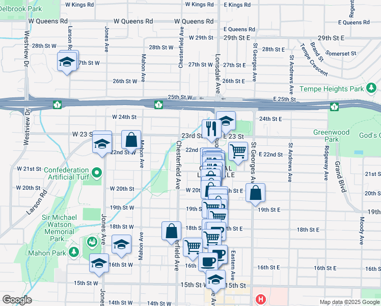 map of restaurants, bars, coffee shops, grocery stores, and more near 139 22nd Street West in North Vancouver