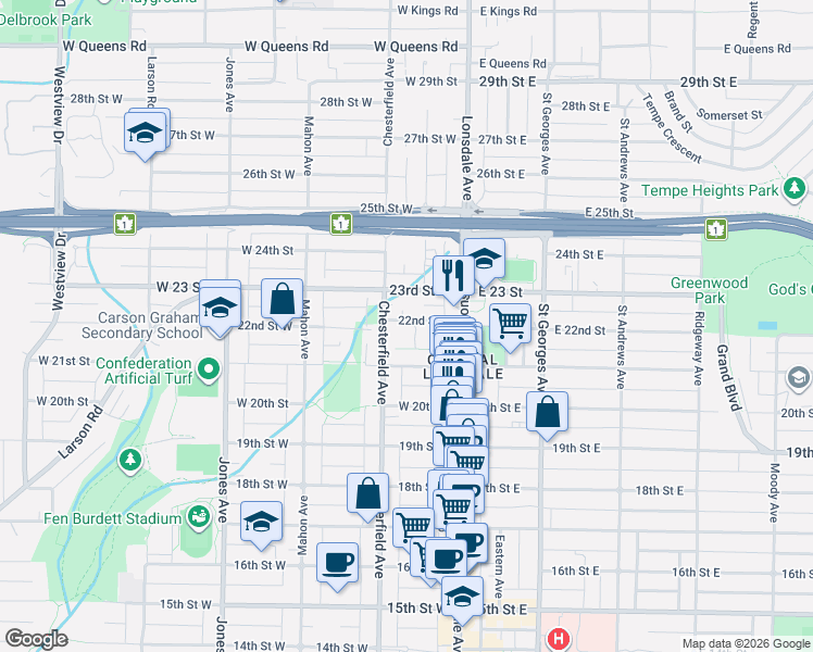 map of restaurants, bars, coffee shops, grocery stores, and more near 139 West 22nd Avenue in Vancouver