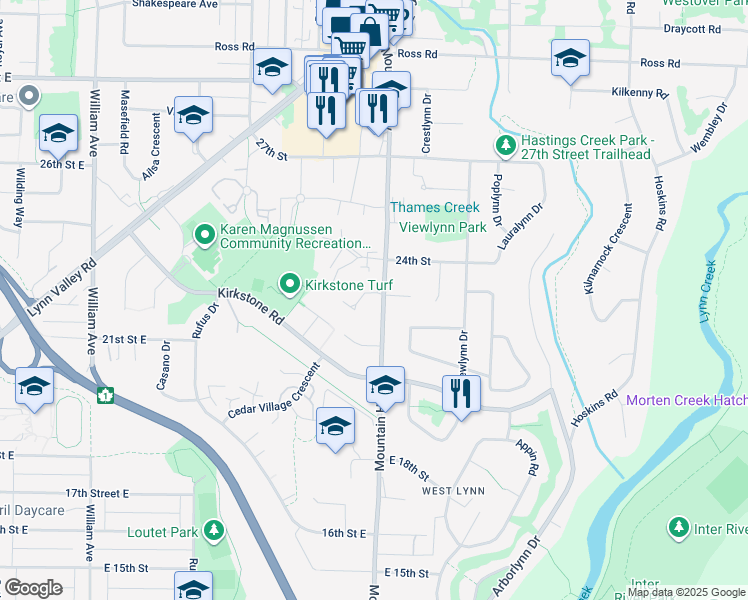map of restaurants, bars, coffee shops, grocery stores, and more near 2307 Mountain Highway in North Vancouver