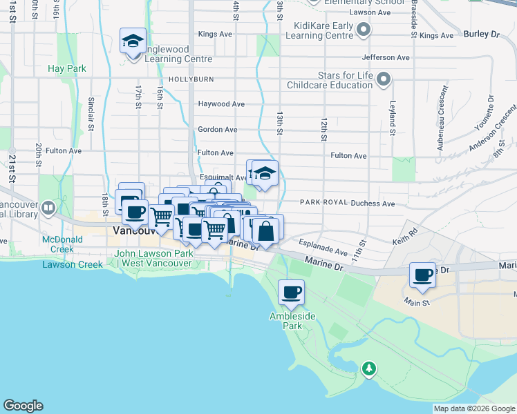 map of restaurants, bars, coffee shops, grocery stores, and more near 1340 Duchess Avenue in West Vancouver