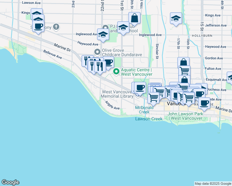 map of restaurants, bars, coffee shops, grocery stores, and more near 2119 Bellevue Avenue in West Vancouver