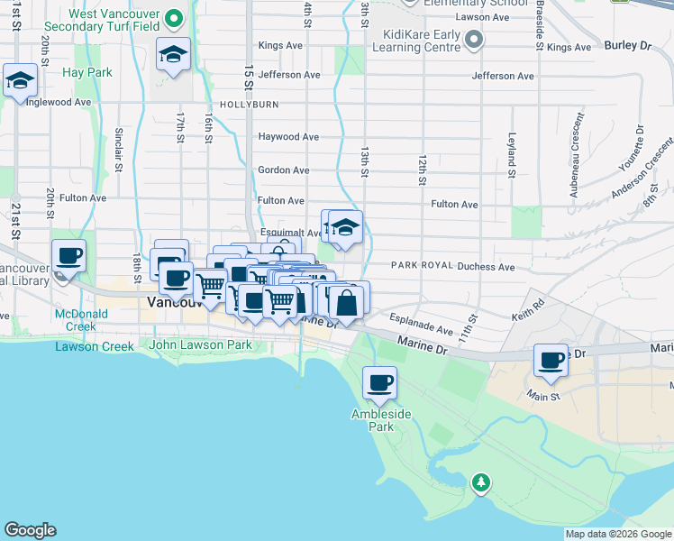 map of restaurants, bars, coffee shops, grocery stores, and more near 1340 Duchess Avenue in West Vancouver