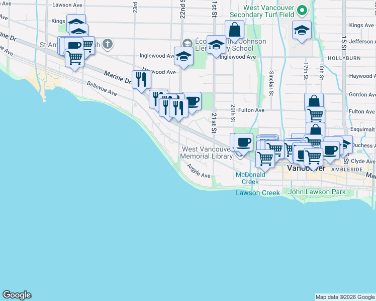 map of restaurants, bars, coffee shops, grocery stores, and more near 2190 Bellevue Avenue in West Vancouver