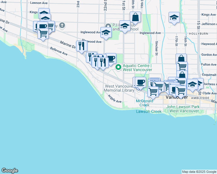 map of restaurants, bars, coffee shops, grocery stores, and more near 2190 Bellevue Avenue in West Vancouver