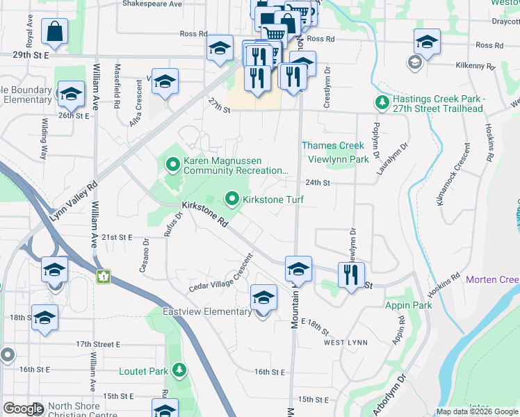 map of restaurants, bars, coffee shops, grocery stores, and more near 2375 Emery Court in North Vancouver