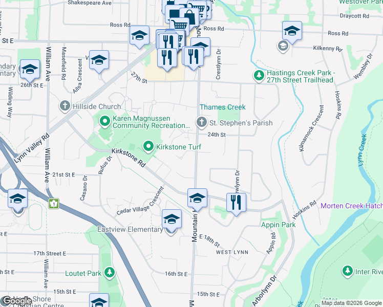 map of restaurants, bars, coffee shops, grocery stores, and more near 2329 Mountain Highway in North Vancouver
