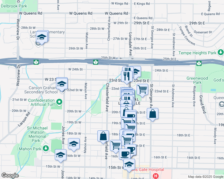 map of restaurants, bars, coffee shops, grocery stores, and more near in North Vancouver
