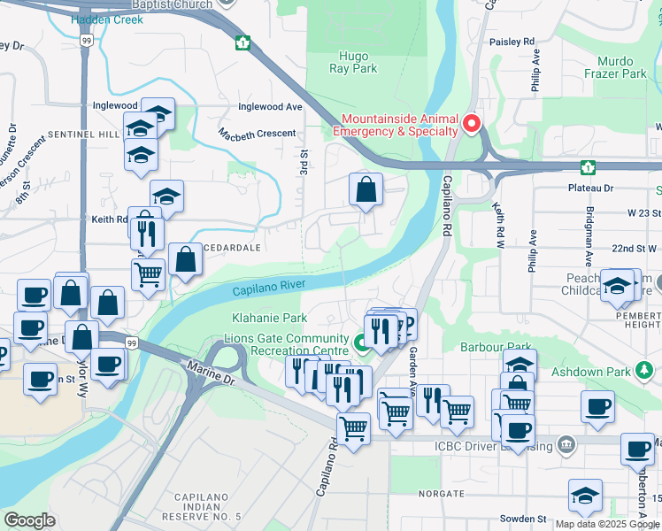 map of restaurants, bars, coffee shops, grocery stores, and more near in North Vancouver