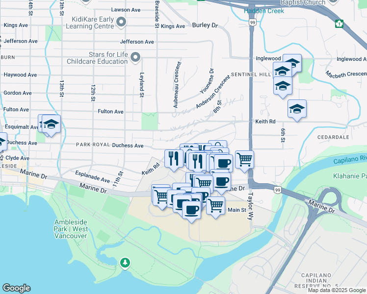 map of restaurants, bars, coffee shops, grocery stores, and more near in West Vancouver