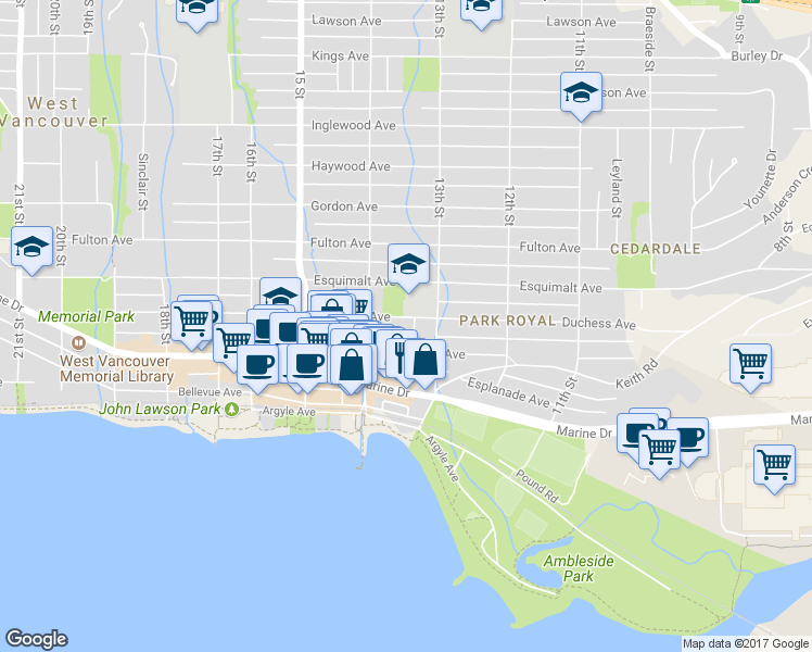 map of restaurants, bars, coffee shops, grocery stores, and more near in West Vancouver