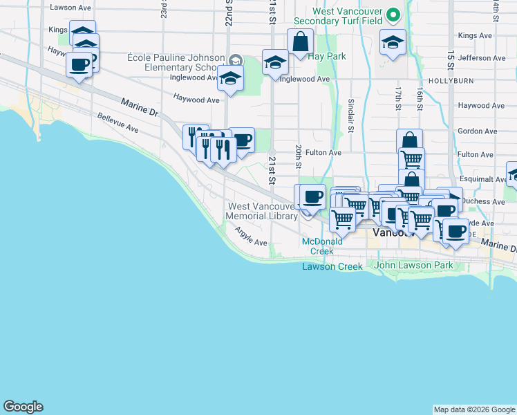 map of restaurants, bars, coffee shops, grocery stores, and more near 2119 Bellevue Avenue in West Vancouver