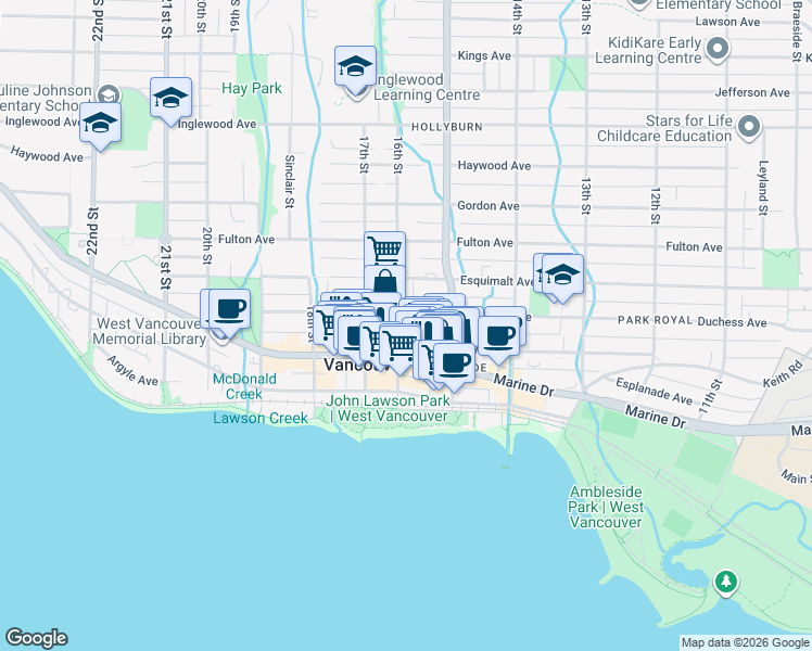 map of restaurants, bars, coffee shops, grocery stores, and more near 588 16th Street West in Metro Vancouver