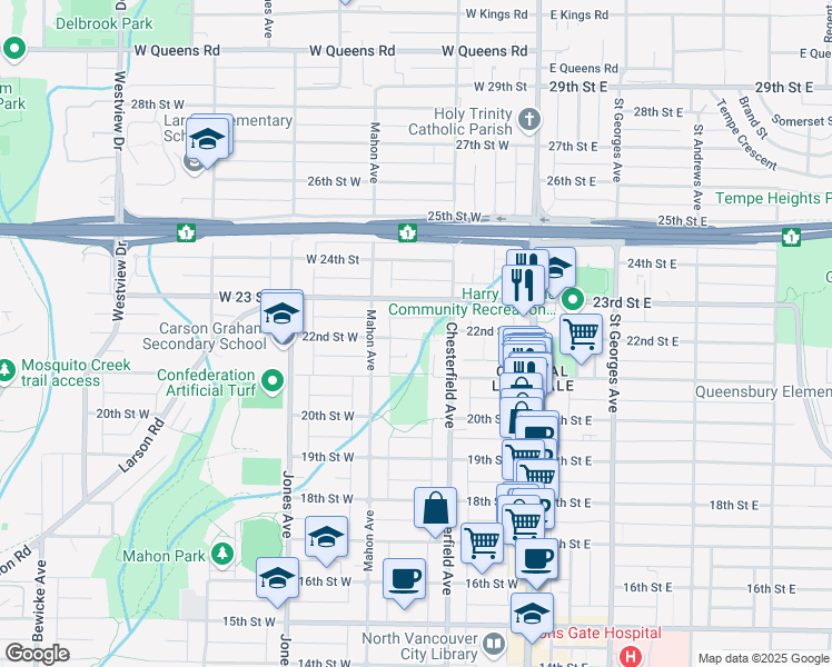 map of restaurants, bars, coffee shops, grocery stores, and more near 230 22nd Street West in North Vancouver