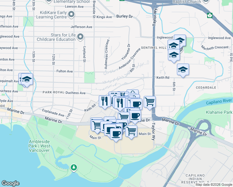 map of restaurants, bars, coffee shops, grocery stores, and more near 918 Keith Road in West Vancouver