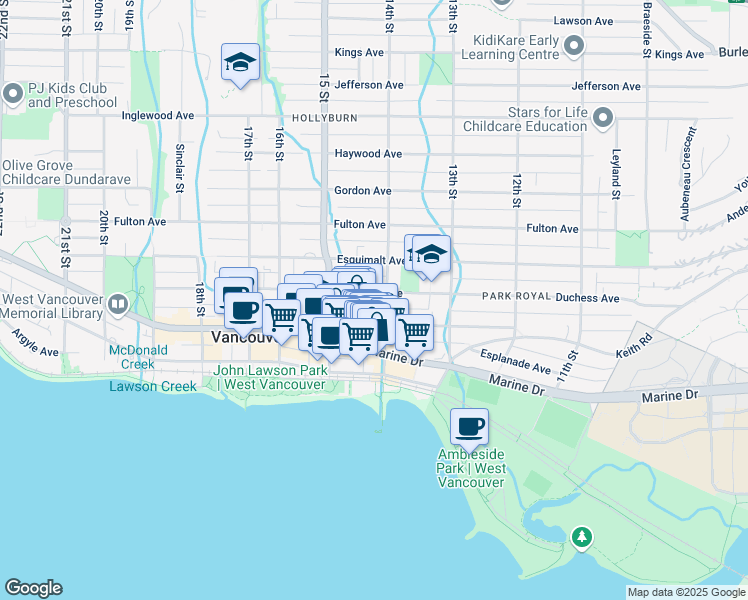 map of restaurants, bars, coffee shops, grocery stores, and more near 1420 Duchess Avenue in West Vancouver
