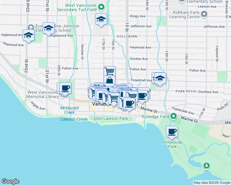 map of restaurants, bars, coffee shops, grocery stores, and more near in Vancouver