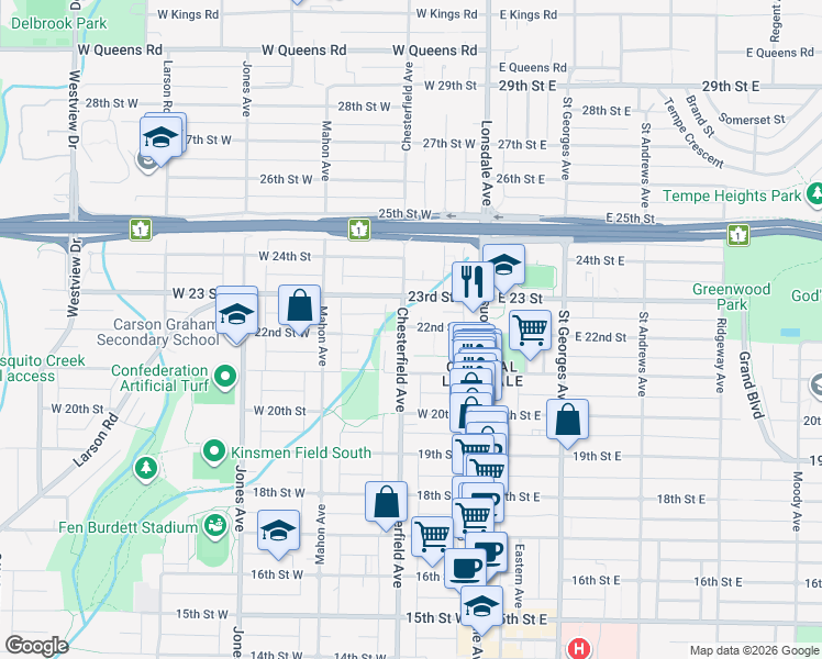 map of restaurants, bars, coffee shops, grocery stores, and more near 229 West 22nd Avenue in Vancouver