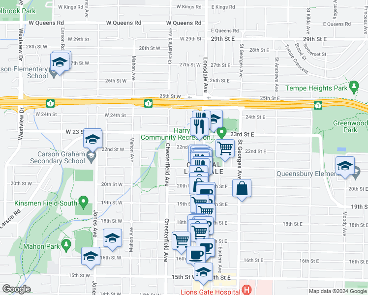 map of restaurants, bars, coffee shops, grocery stores, and more near West 22nd Street in North Vancouver