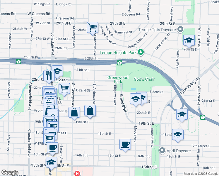 map of restaurants, bars, coffee shops, grocery stores, and more near 350 22nd Street East in North Vancouver