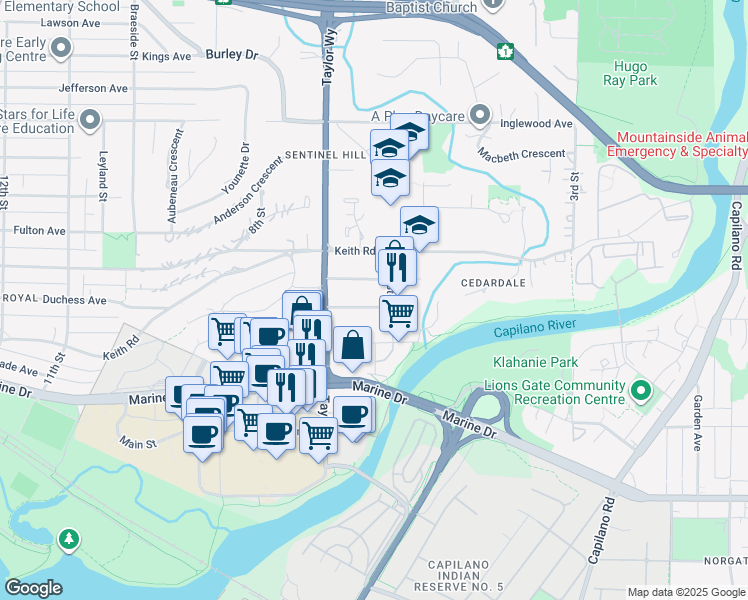 map of restaurants, bars, coffee shops, grocery stores, and more near 627 Duchess Avenue in West Vancouver