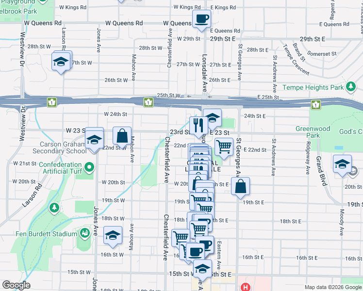 map of restaurants, bars, coffee shops, grocery stores, and more near 515 West 22nd Street in North Vancouver