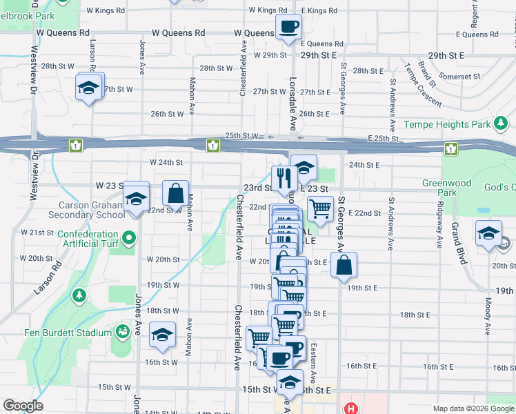 map of restaurants, bars, coffee shops, grocery stores, and more near 515 West 22nd Street in North Vancouver