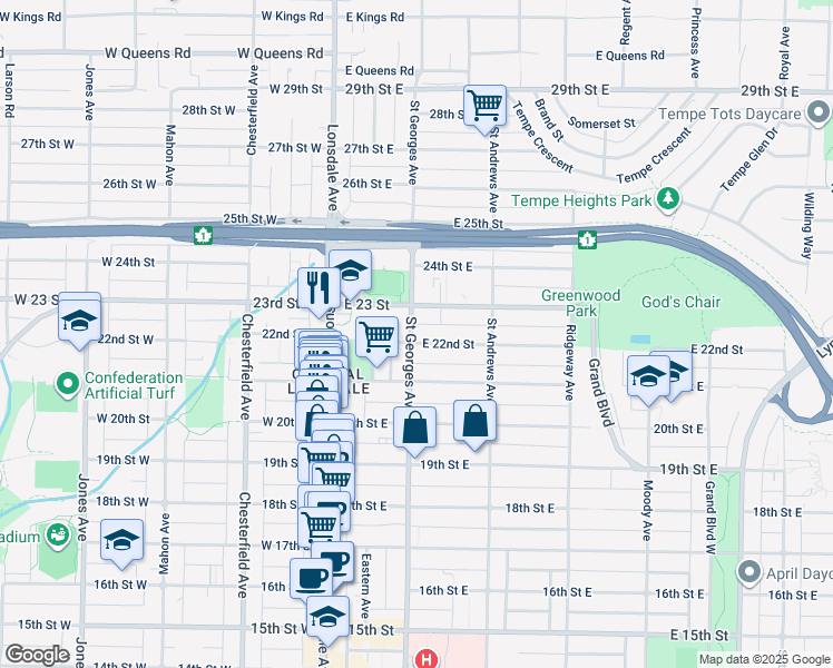 map of restaurants, bars, coffee shops, grocery stores, and more near 2212 Saint Georges Avenue in North Vancouver