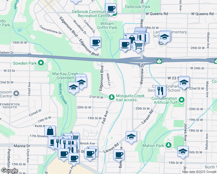 map of restaurants, bars, coffee shops, grocery stores, and more near 730 Westmoreland Crescent in North Vancouver
