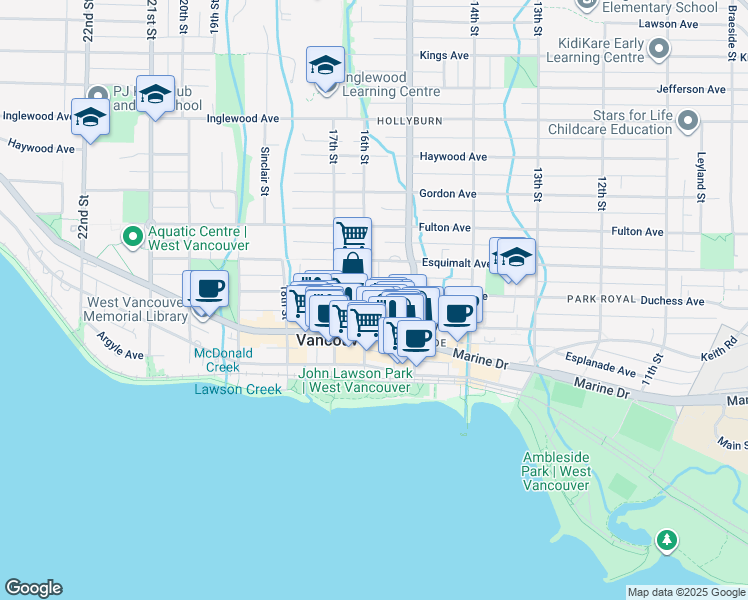 map of restaurants, bars, coffee shops, grocery stores, and more near 1645 Marine Drive in West Vancouver