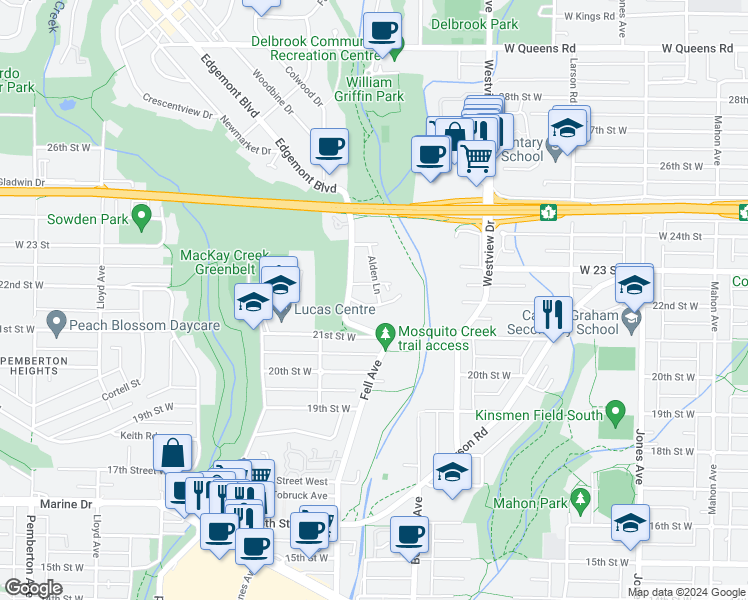 map of restaurants, bars, coffee shops, grocery stores, and more near 730 Westmoreland Crescent in North Vancouver