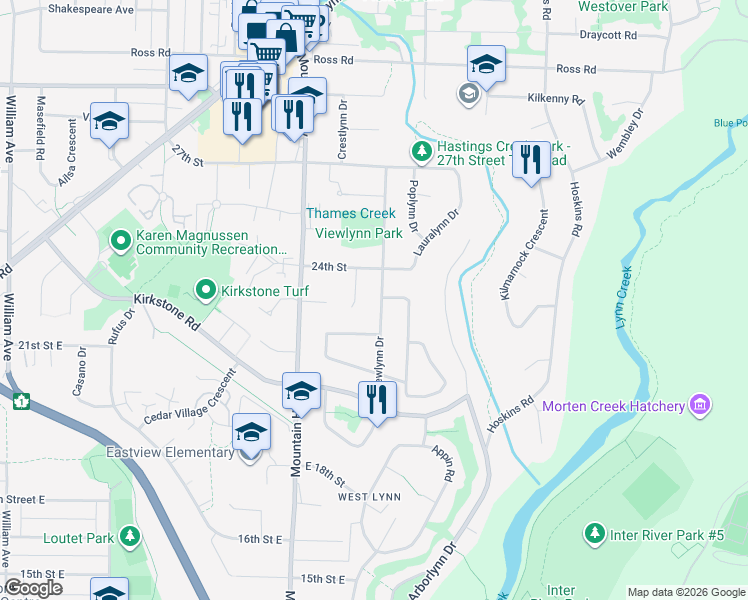 map of restaurants, bars, coffee shops, grocery stores, and more near 2285 Viewlynn Drive in North Vancouver