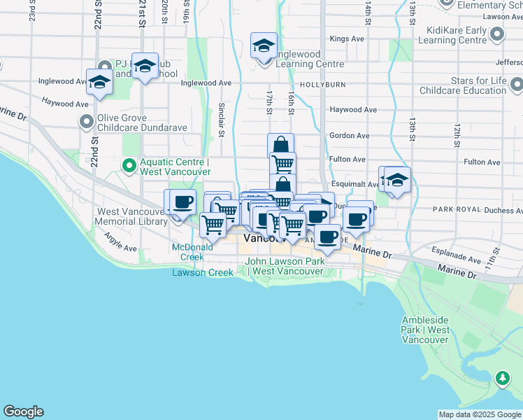 map of restaurants, bars, coffee shops, grocery stores, and more near 1730 Duchess Avenue in West Vancouver