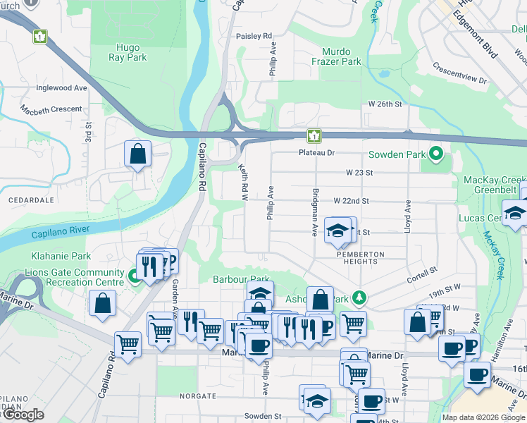 map of restaurants, bars, coffee shops, grocery stores, and more near 2155 Philip Avenue in North Vancouver