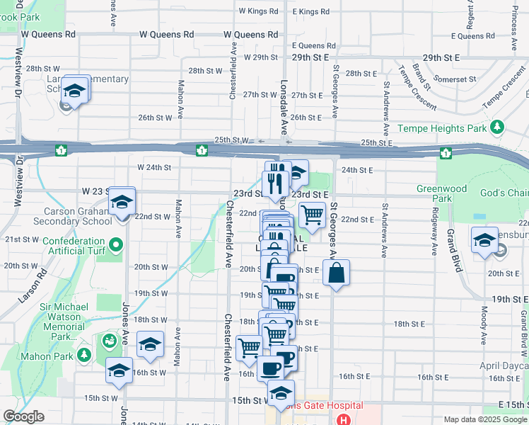 map of restaurants, bars, coffee shops, grocery stores, and more near 118 West 22nd Avenue in Vancouver