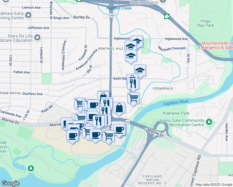 map of restaurants, bars, coffee shops, grocery stores, and more near 675 Duchess Avenue in West Vancouver