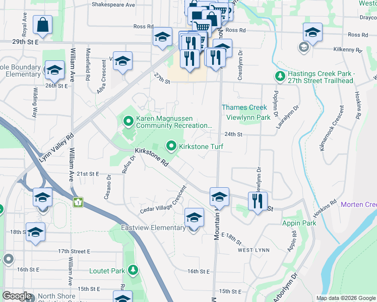map of restaurants, bars, coffee shops, grocery stores, and more near 2304 Emery Court in North Vancouver