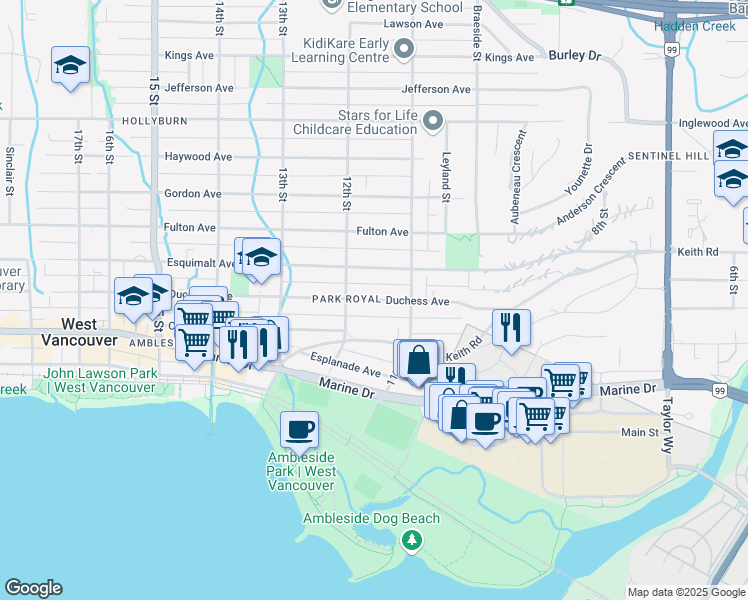 map of restaurants, bars, coffee shops, grocery stores, and more near Duchess Avenue in West Vancouver