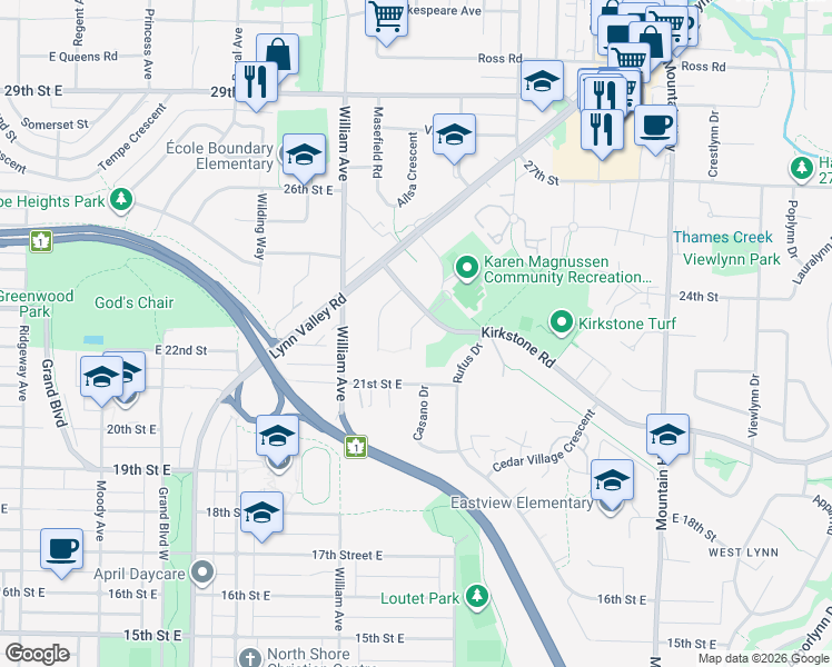 map of restaurants, bars, coffee shops, grocery stores, and more near 2310 Magnussen Place in North Vancouver
