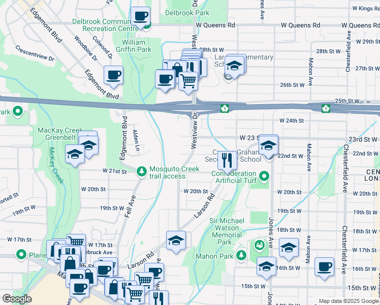 map of restaurants, bars, coffee shops, grocery stores, and more near 600 West 22 Street in North Vancouver