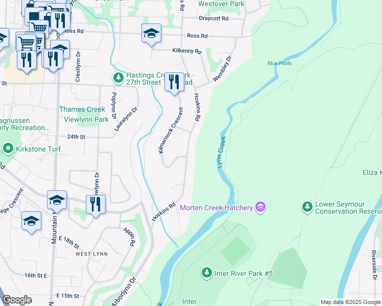map of restaurants, bars, coffee shops, grocery stores, and more near 2332 Hoskins Road in North Vancouver