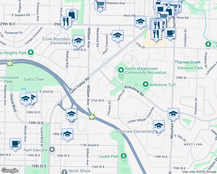 map of restaurants, bars, coffee shops, grocery stores, and more near 2310 Magnussen Place in North Vancouver