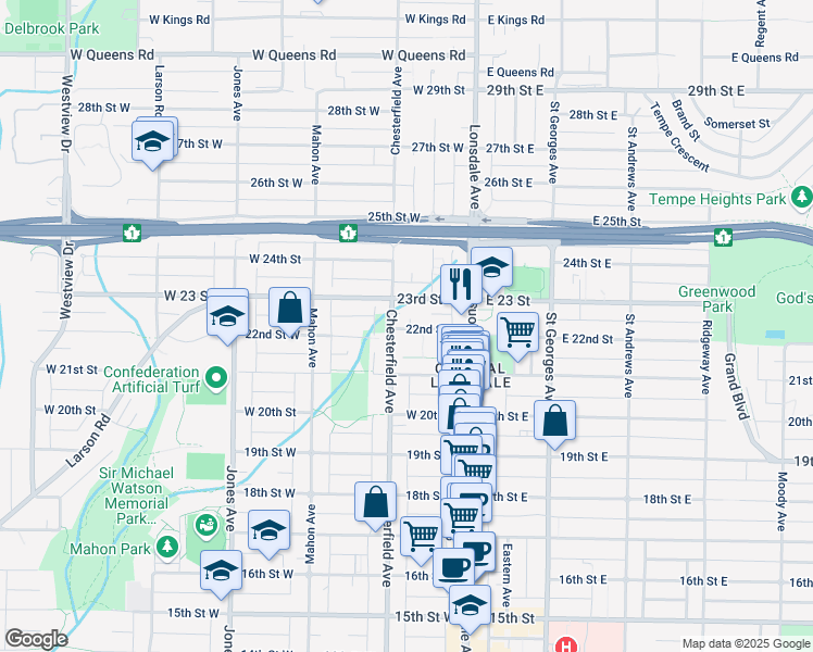 map of restaurants, bars, coffee shops, grocery stores, and more near 159 22nd Street West in North Vancouver