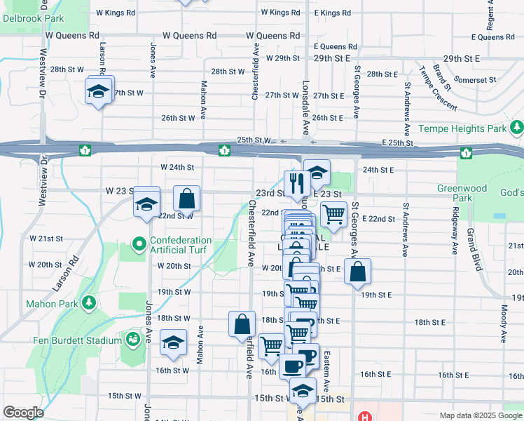 map of restaurants, bars, coffee shops, grocery stores, and more near 159 22nd Street West in North Vancouver